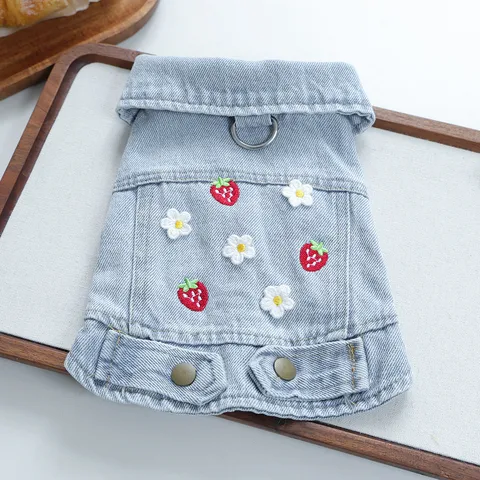 Haustier Denim Weste Ärmellos Revers Erdbeere Blume Stickerei Kleiner Hund Katze Jacke Welpen Kleidung Polyester