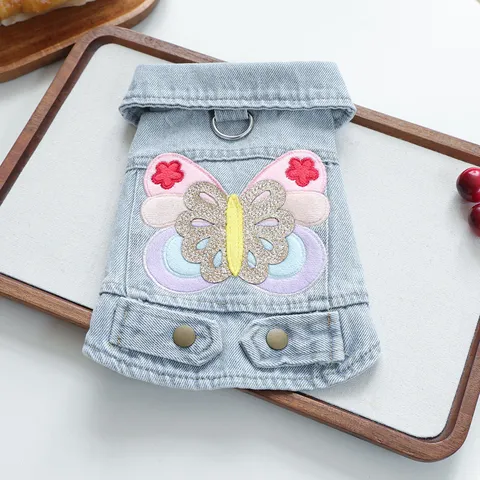 Pet Casual Denim Vest Embroidered Butterfly Lapel Sleeveless Jacket Apparel For Small Medium Dogs Cats Everyday Spring Autumn