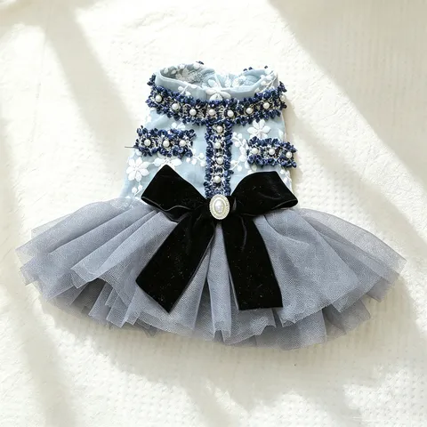 Elegant Princess Pet Dress Luxury Tweed Mesh Tutu Dog Skirt With Large Velvet Bowknot Pearl Rhinestone Decoration For Puppy Cats Party