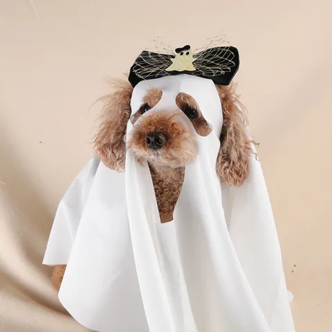 Halloween Pet Ghost Costume White Cloak Face Shield With Black Bowknot For Small Dogs Cats Puppy Festive Party Decoration Cosplay Apparel