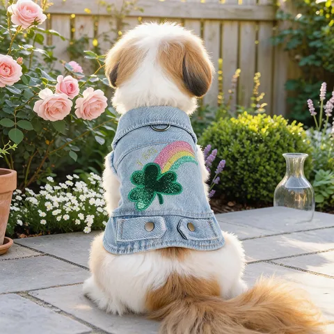 Petcircle Casual Dog Denim Jacket Rainbow Clover Sequin Embroidered Puppy Coat With D-Ring Buckle Small Dogs Autumn Clothes