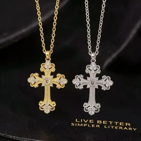 Vintage Kupfer Zirkonia Kreuz Anhänger Halskette Mode Glänzend Geometrische Pullover Kette Eingelegt Kreuz Halskette Für Party Damen Schmuck Geschenk