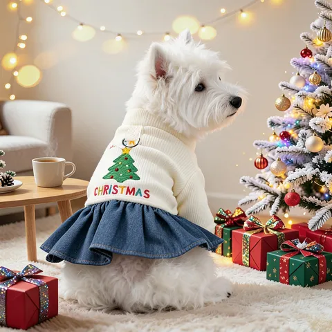 Pet Christmas Dress For Small Dogs Puppies Ribbed Knit Patchwork Denim Skirt Holiday Party Costume Outfit Pet Apparel