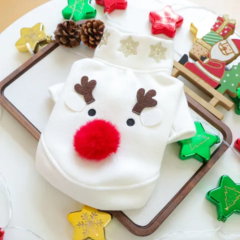 Christmas Pet Reindeer Costume Soft Polyester Dog Hoodie White Fleece Puppy Winter Sweatshirt Warm Cat Holiday Apparel With Cute Antlers Embroidery Details