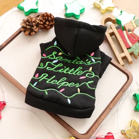 Polyester Christmas Pet Hoodie Santa's Little Helper Embroidered Dog Sweatshirt Warm Festive Puppy Cat Apparel Black