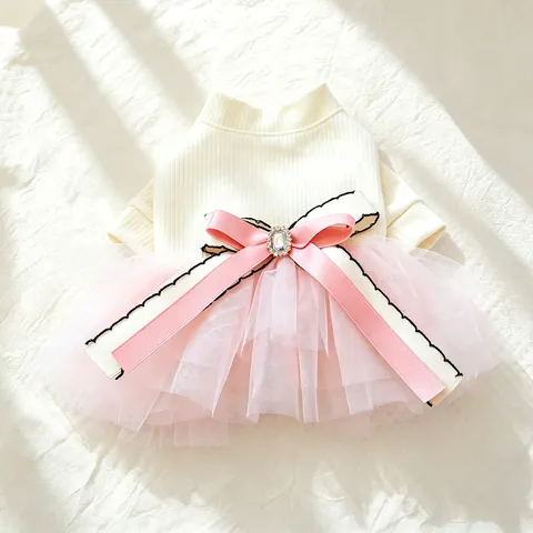 Dolce Vestito da Principessa per Cani Gonna Tutu in Rete Multistrato Camicia in Maglia Patchwork Abbigliamento per Cuccioli Fiocco di Nastro Strass Perla Vestiti Decorativi Per Cani Piccoli Gatti Autunno Primavera Costume Animale