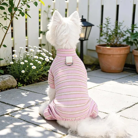 Soft Striped Pet Pajamas For Small Dogs Cats Four-Legged Dog Jumpsuit With Leash D-Ring Cozy Warm Pet Clothes For Indoor Casual Wear
