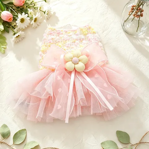 Pet Princess Dress Multi Layer Mesh Tulle Puppy Skirt Spliced Tweed Knit Cute Pet Dress Bowknot Flower Decoration For Small Dogs Cats Apparel