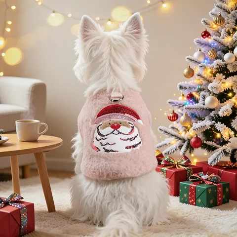 Weihnachten Haustierkleidung Fleece Weihnachtsmann Bestickt Welpen Weste Warm Geschirr D-Ring Mantel Für Kleine Hunde Katzen Winter Kostüm Rosa Feiertag Kleidung