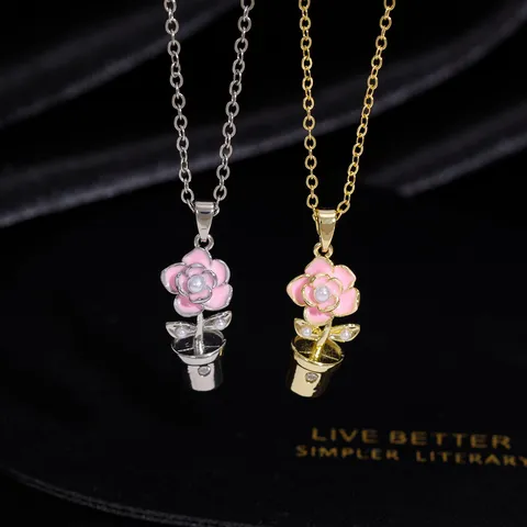 Süß Rosa Blume Anhänger Halskette Für Damen Elegant Kupfer Zirkonia Kette Halskette Leicht Luxus Blumen Schmuck Geschenk