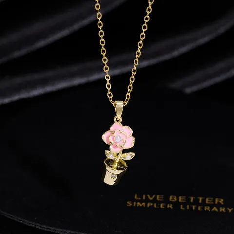 Süß Rosa Blume Anhänger Halskette Für Damen Elegant Kupfer Zirkonia Kette Halskette Leicht Luxus Blumen Schmuck Geschenk