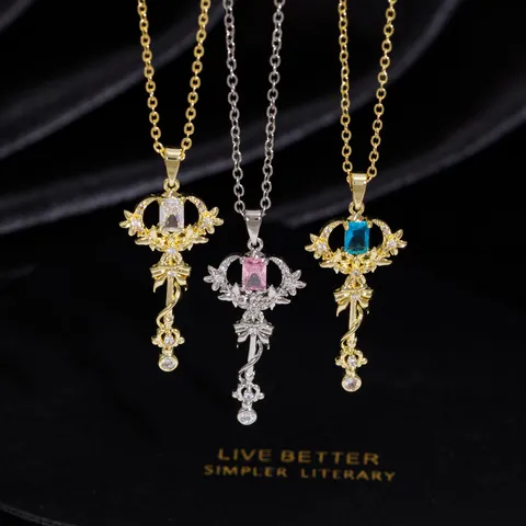 Exquisite Kupfer Zirkonia Schleife Zauberstab Anhänger Halskette Galvanisiert Nischenmode Verschluss Kragenkette Für Damen Schmuck