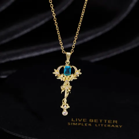 Exquisite Kupfer Zirkonia Schleife Zauberstab Anhänger Halskette Galvanisiert Nischenmode Verschluss Kragenkette Für Damen Schmuck