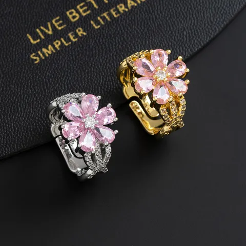 Eleganter Kupfer Blume Offener Ring Süß Rosa Strass Verstellbarer Ring Glänzender Floral Geometrischer Fingerring Geschenk Für Damen Schmuck