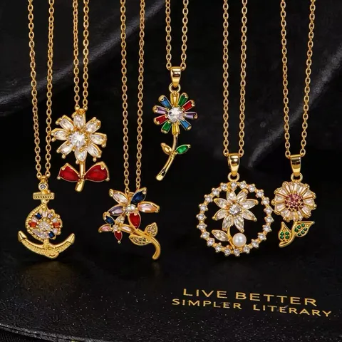 Luxus Kupfer Vergoldet Sonnenblume Anhänger Kette Mode Herz Anker Strass Verschluss Kette Halskette Für Damen Täglichen Schmuck Geschenk