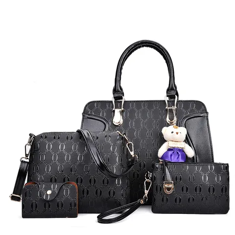 Ensemble de Sacs Assortis en Cuir PU Gaufré de Mode pour Femmes Sac à Épaule Minimaliste Urbain Sac Bandoulière Portefeuille Avec Pendentif Ours
