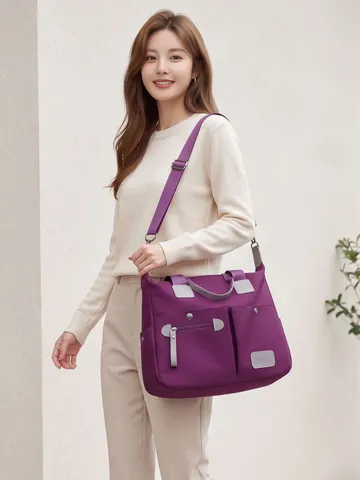 Femme Sac Cabas en Nylon Tissu Oxford Grande Capacité Sac à Épaule Bandoulière Couleur Contrastée Décontracté Multi Poche Bureau Navette Sac à Main Pour Quotidien Femme Sac