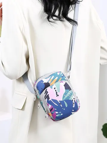 Sac Bandoulière Décontracté pour Femmes en Nylon Oxford Imprimé Fleuri Lettres Poches Zippées Multiples Messenger Voyage Vertical Pochette Téléphone Mini Carré