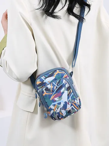 Sac Bandoulière Décontracté pour Femmes en Nylon Oxford Imprimé Fleuri Lettres Poches Zippées Multiples Messenger Voyage Vertical Pochette Téléphone Mini Carré