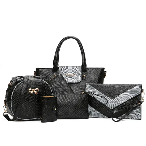 Mode Femmes Motif Crocodile Bosselé Sac Composite Ensemble En Cuir Polyuréthane Fourre-Tout Épaule Bandoulière Pochette Porte-Cartes Portefeuille