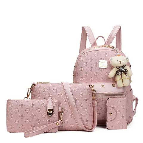 Sac à Dos pour Femmes en Cuir PU Gaufré Géométrique Mode Sac à Dos Scolaire Quotidien Décontracté Avec Rivets Sac Bandoulière Pochette Étui à Cartes Set