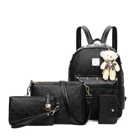 Sac à Dos pour Femmes en Cuir PU Gaufré Géométrique Mode Sac à Dos Scolaire Quotidien Décontracté Avec Rivets Sac Bandoulière Pochette Étui à Cartes Set