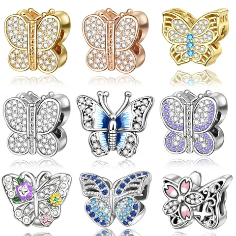 Butterfly Charms For Jewelry Making DIY Copper Rhinestone Enamel Butterfly Beads For Pandora Style Bracelets Women Gift