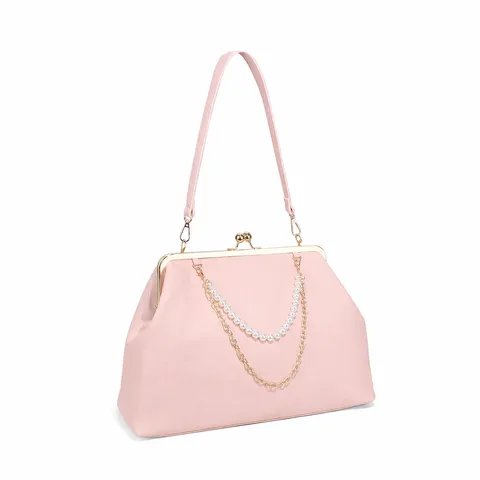 Damen Mode Umhängetasche PU Leder Kussverschluss Schulterhandtasche Vintage Muschelförmig Top Griff Tote Geldbörse Mit Künstliche Perle Kette Dekoration