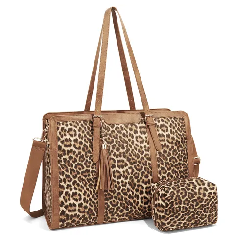Borsa Tote da Donna alla Moda Set Stampa Leopardata Quadri Grande Capacità Poliestere PU Patchwork Borsa a Spalla Con Nappa Pochette