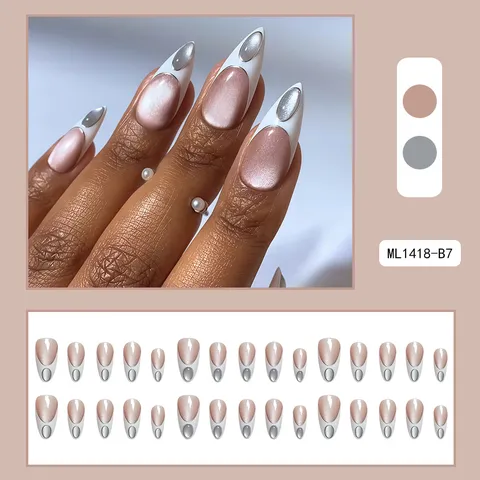 Press On Nails Almond Shape French White Cat Eye Nude Pink Fake Nail Patches False Nails For Women Daily Wear Nail Art