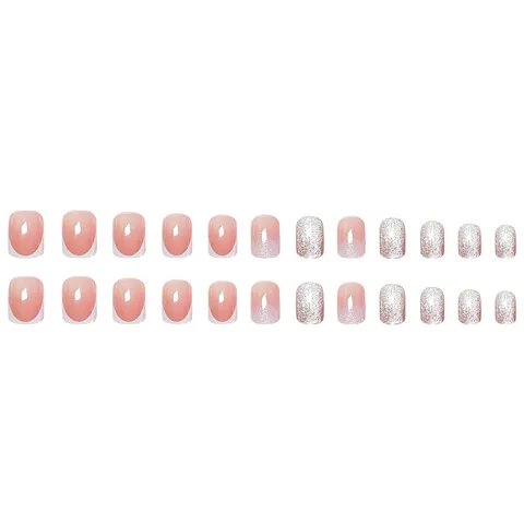 French Press On Nails Cat Eye Square Pink Gradient Fake Nails Fine Glitter Artificial Fingernails Nail Art Kit