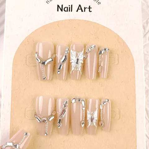 Long Trapezoid Press On Nails Nude Pink Soft Light Butterfly Rhinestone Fake Nails Elegant Daily Beauty Nail Art Design