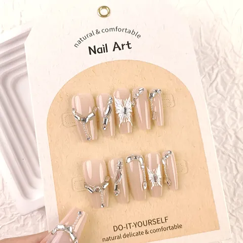 Long Trapezoid Press On Nails Nude Pink Soft Light Butterfly Rhinestone Fake Nails Elegant Daily Beauty Nail Art Design