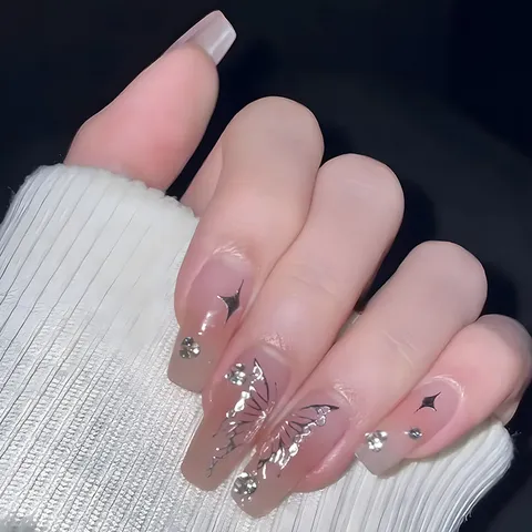 Uñas Postizas Press On Nails Strass Acrílico Uñas Postizas Ataúd Largo Kit de Arte de Uñas Con Juego de Herramientas Para Mujeres