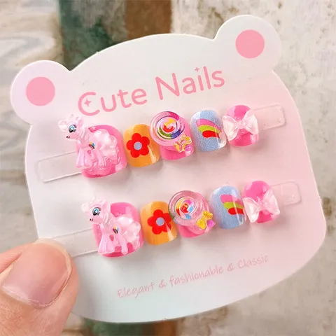 Uñas Postizas Pressure On Para Niños Diseño Pony Dibujos Animados Y Flores Lazo Dulce Uñas Postizas Cortas Tridimensionales Decoración Uñas Regalo Niñas Fiesta Diaria