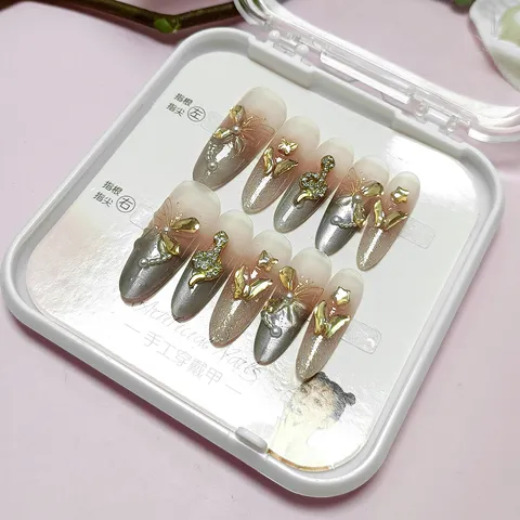 Uñas Postizas a Presión de Lujo Ojo de Gato Hecho a Mano Estrás Oro Serpiente Ovalado Largo Uñas Artificiales para Mujer