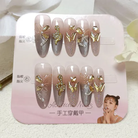Uñas Postizas a Presión de Lujo Ojo de Gato Hecho a Mano Estrás Oro Serpiente Ovalado Largo Uñas Artificiales para Mujer