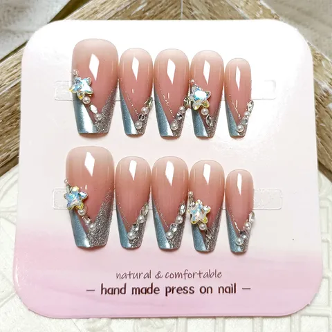 Uñas Postizas a Presión de Ataúd Ojo de Gato Hechas a Mano Degradado Rosa Francés Con Diamantes de Imitación Perlas Artificiales Estrellas Para Mujer