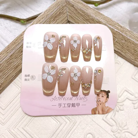 Uñas Postizas Hecho a Mano 3D Flores Largo Ataúd Ojo de Gato Degradado Francés Strass Flor Blanca Uñas Postizas para Mujeres