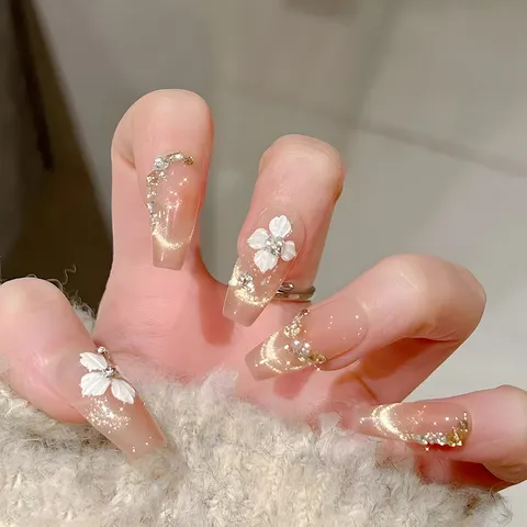 Uñas Postizas Hecho a Mano 3D Flores Largo Ataúd Ojo de Gato Degradado Francés Strass Flor Blanca Uñas Postizas para Mujeres