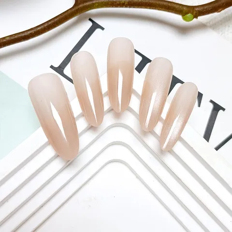 Unghie Finte a Occhio di Gatto Monocolore Ovale Lungo Fatte a Mano Unghie Artificiali Rosa Lucido Nail Art