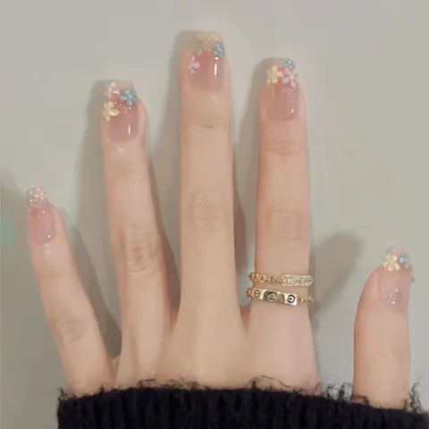 Uñas Postizas Hechas a Mano Relieve 3D Floral Ojo de Gato Francés Uñas Falsas Graduadas Cuadradas Cortas Set de Manicura