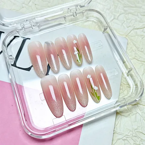 Uñas Postizas Press On Hechas a Mano 10 Pzs Uñas Falsas Ojo de Gato Degradado 3D Floral Relieve Almendra Set de Uñas