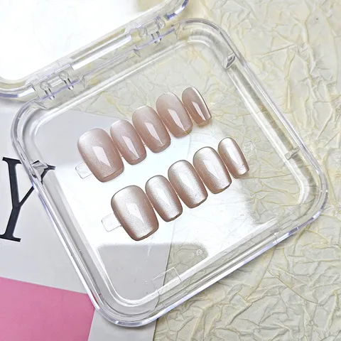 Uñas Postizas Cortas y Minimalistas Rosa Nude Ojo de Gato Uñas Postizas Trapezoidales Brillantes Reutilizables Diseño de Arte Para Mujeres