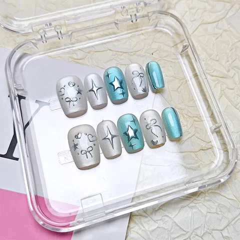 Uñas Postizas Hechas a Mano 3D Estrella Deslumbrante Ojo de Gato Uñas Postizas Lazo Corazón Dulce Acrílico Uñas Postizas Para Mujeres