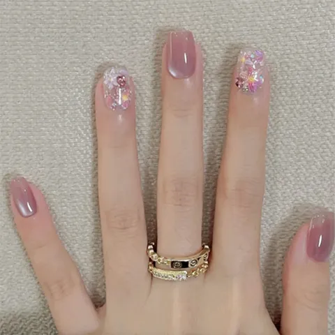 Uñas Postizas Hechas a Mano Ojo de Gato Diamante Rosa Floral Uñas Postizas Cortas Con Pegamento de Gel
