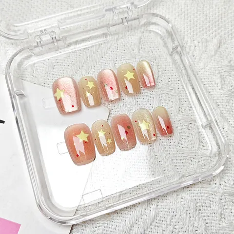 Uñas Postizas de Gradiente Estrella Punto Press On Uñas Ojo de Gato Uñas Postizas Cortas Puntas de Arte de Uñas Acrílicas Reutilizables para Mujeres