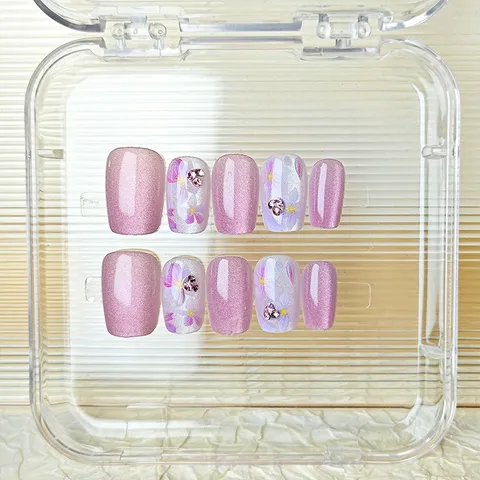 Uñas Postizas Hechas a Mano Ojo de Gato Diamante Rosa Floral Uñas Postizas Cortas Con Pegamento de Gel