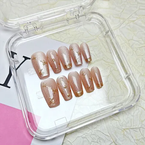 Uñas Postizas Press-on 3D Lazo Ojo de Gato de Lujo Plástico ABS Largo Dorado Hecho a Mano Parches Elegantes para Mujer