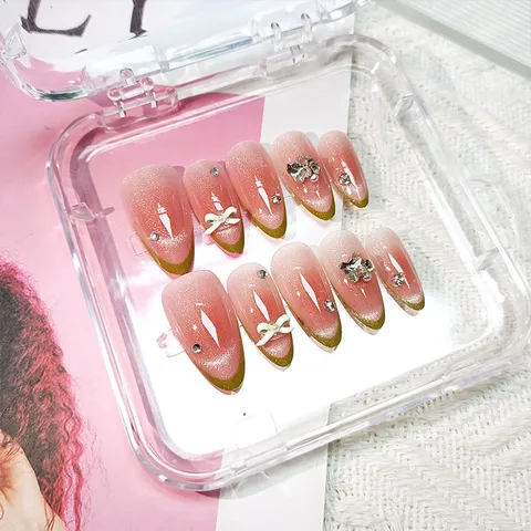 Uñas Postizas Francesas Verdes Hechas a Mano Brillo Ojo de Gato Diamantes de Imitación Lazo Uñas Falsas Decoraciones de Arte de Uñas Artificiales